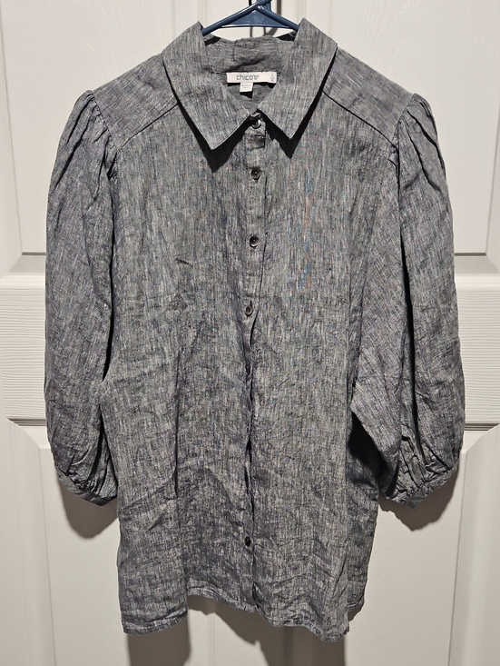 Chico's Tops - Chico's Women's Gray Button-Front Puff Sleeve Blouse